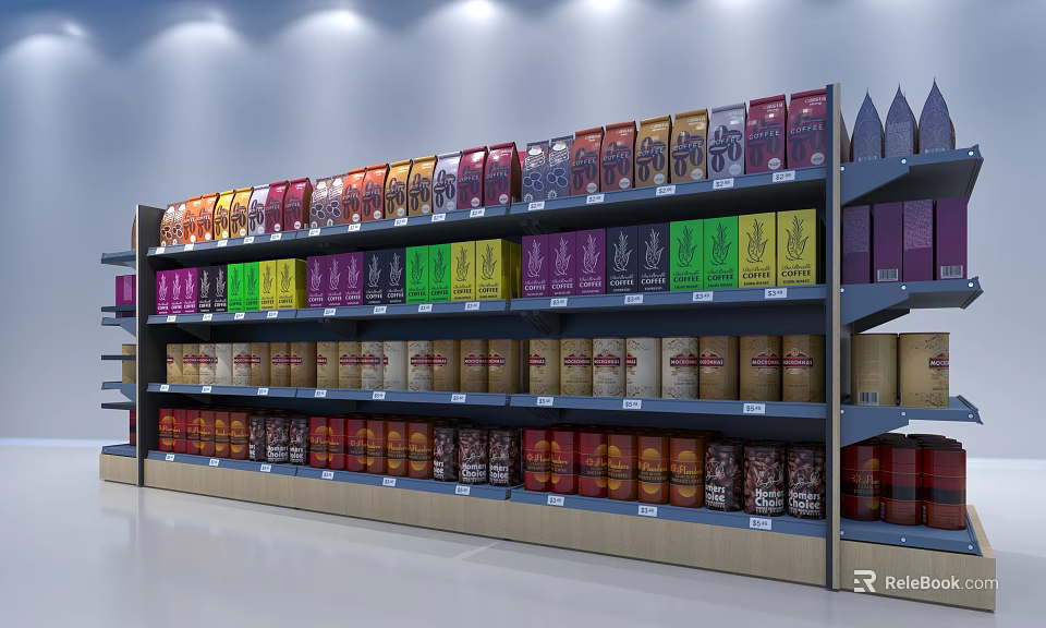 Neatly Organized Retail Display Shelves Stocked With Various Colorful Packaged Goods 3d model 