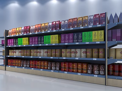 Neatly Organized Retail Display Shelves Stocked With Various Colorful Packaged Goods 3d model