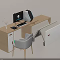 Modern Wooden Home Office Desk With Computer Keyboard Mouse Chair And Foldable Design
