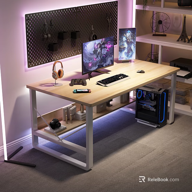 Modern Gaming Desk Setup With Dual Monitors Headphones RGB PC And Decorative Lighting 3d model 