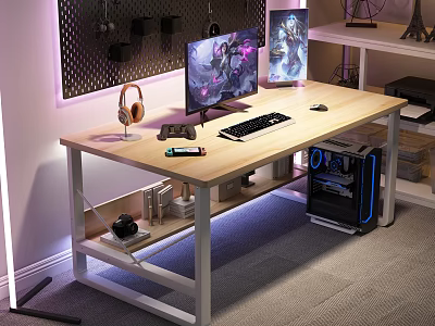 Modern Gaming Desk Setup With Dual Monitors Headphones RGB PC And Decorative Lighting 3d model
