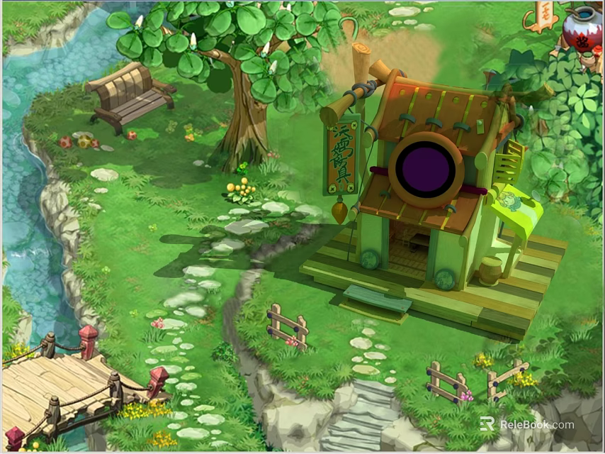 Charming Cartoon Scene With Wooden Bridge Stream Small House Round Window Green Roof And Tree 3d model 