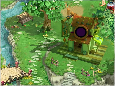 Charming Cartoon Scene With Wooden Bridge Stream Small House Round Window Green Roof And Tree 3d model