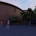 Rusted Circular Building With Surrounding Old Buildings Square People And Trees