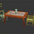 Wooden Dining Table Set With Marble Top And Decorative Vase 3d model