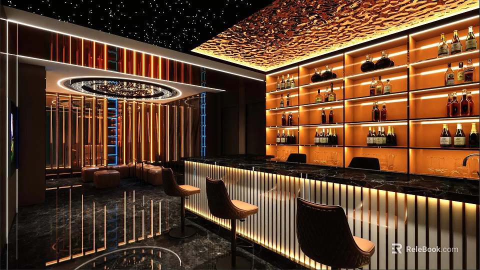 Modern Bar Interior With Starry Ceiling Golden Decorative Walls Wine Racks And Bar Counter Chairs 3d model 