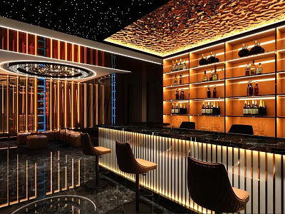 Modern Bar Interior With Starry Ceiling Golden Decorative Walls Wine Racks And Bar Counter Chairs 3d model