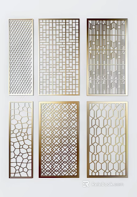 Modern Room Dividers With Various Geometric Laser Cut Patterns And Metallic Frames 3d model