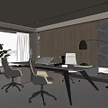 Modern Office Interior Design With Large Windows Wooden Walls Marble Decor Desk And Chairs