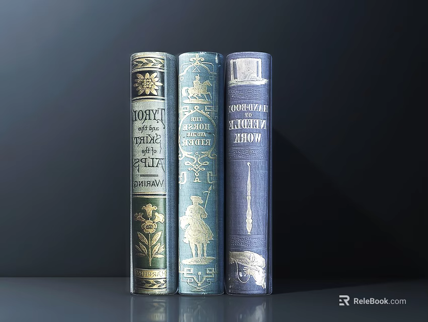 Vintage Decorative Books Arranged Side by Side with Intricate Cover Patterns 3d model 
