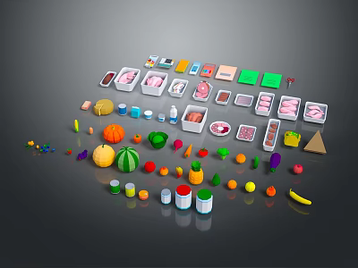 Colorful Various Fresh Food Including Fruits Vegetables Boxes And Cans 3d model