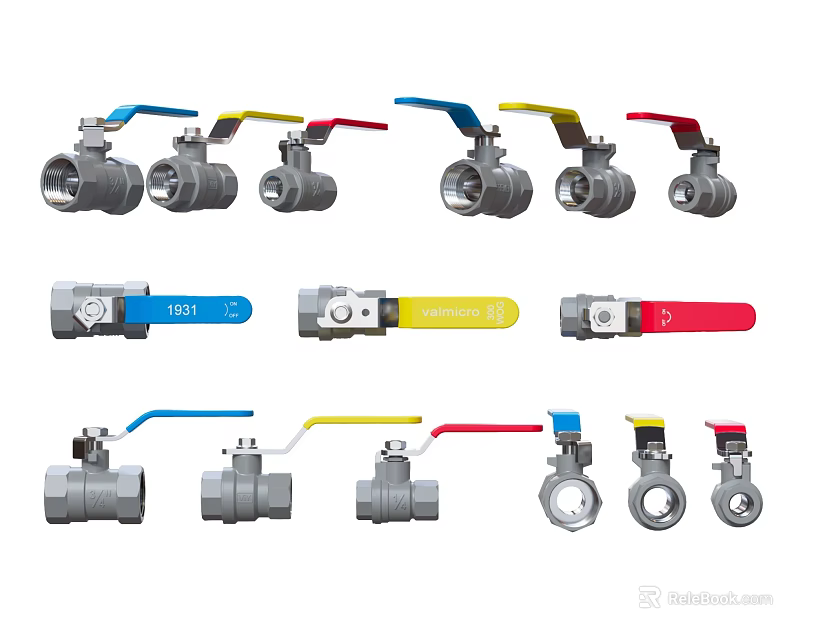 Different Types of Metal Ball Valves with Colored Handles and Varied Designs 3d model 