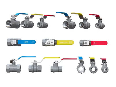 Different Types of Metal Ball Valves with Colored Handles and Varied Designs 3d model
