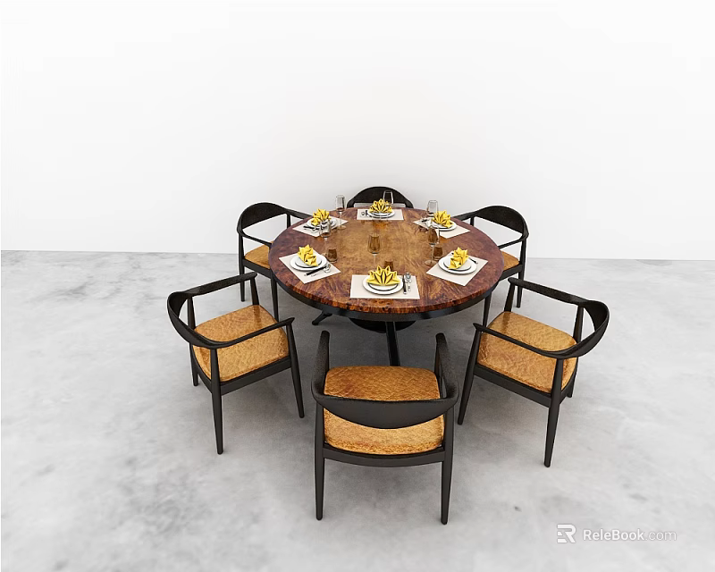 Round Dining Table Set with Six Wooden Chairs Woven Seats and Plates with Food 3d model 