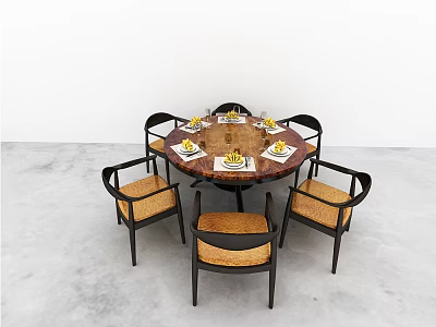 Round Dining Table Set with Six Wooden Chairs Woven Seats and Plates with Food 3d model