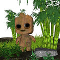 Cute Groot Figure In Garden Setting With Green Plants And String Lights