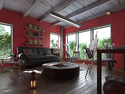 Bright Public Workspace With Red Walls Wooden Ceiling Windows Green Plants And Black Sofa 3d model