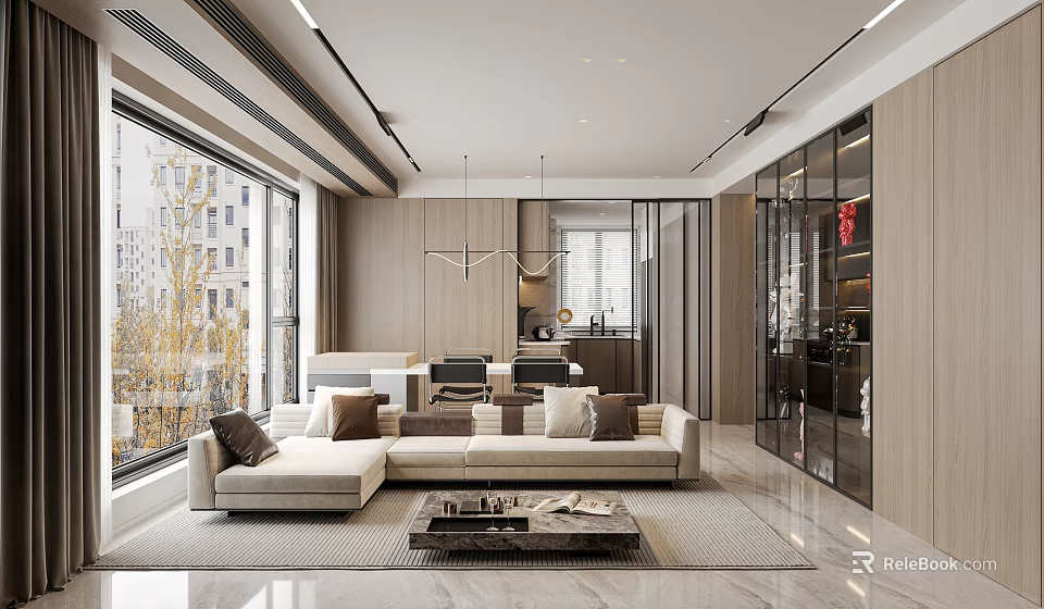 Modern Living And Dining Room Interior With Large Windows Light Sofa And Coffee Table 3d model 