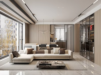 Modern Living And Dining Room Interior With Large Windows Light Sofa And Coffee Table 3d model