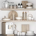 Stylish Kitchen Items On Shelf With Jars Bowls Containers Coffee Machine And Cutting Board