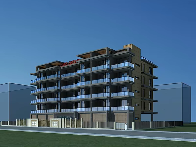 Modern Multi Storey Residential Building With Glass Balconies Brown Exterior And Grass Area 3d model