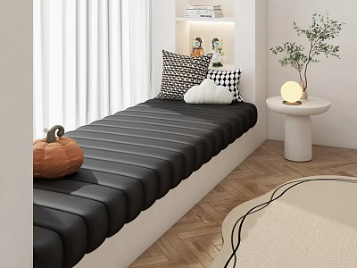 Cozy Indoor Corner With Black Padded Bench Checkered Pillow Green Plant And Wooden Floor 3d model