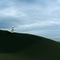 Spiral Black and White Striped Tower with White Spheres Overlooking the Sea on Sunny Day
