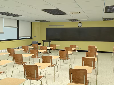 School Classroom Interior With Yellow Walls Blackboard Desks Chairs Clock And Windows 3d model