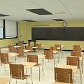 School Classroom Interior With Yellow Walls Blackboard Desks Chairs Clock And Windows