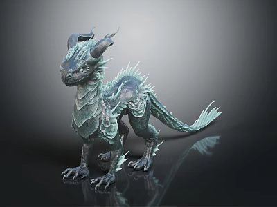 3D Model Blue Green Dragon With Horns Spikes Standing On Black Reflective Surface With Reflections 3d model