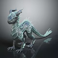 3D Model Blue Green Dragon With Horns Spikes Standing On Black Reflective Surface With Reflections