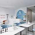 Modern Beauty Salon Interior With Blue Circular Logo White Reception Desk And Blue Decor