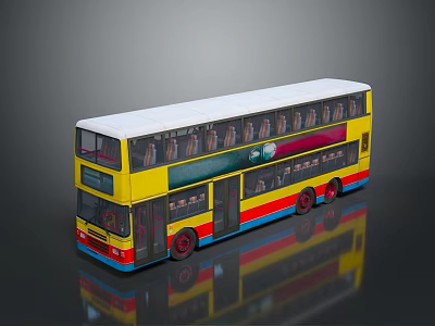 Yellow Double Decker Bus Model with Red Blue Stripes White Roof Red Wheels and Reflection 3d model