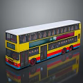 Yellow Double Decker Bus Model with Red Blue Stripes White Roof Red Wheels and Reflection