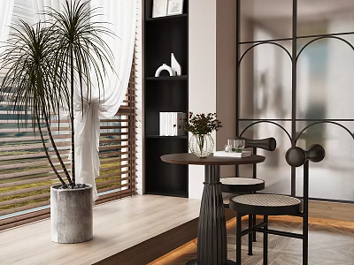Modern Lounge Room With Plants Round Table And Chairs 3d model