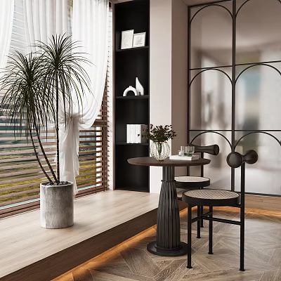 Modern Lounge Room With Plants Round Table And Chairs 3d model