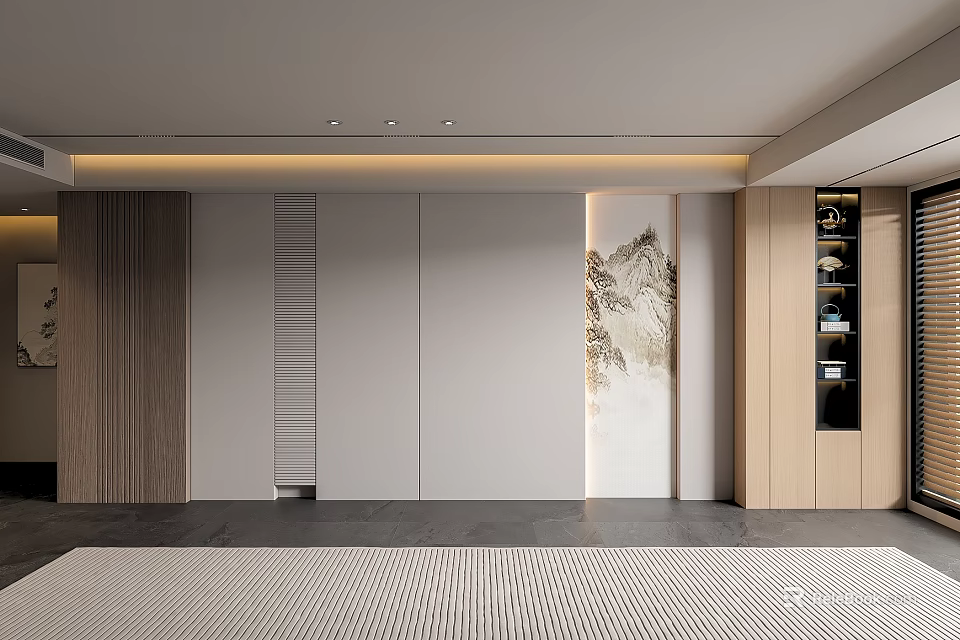 Modern Sofa Background Wall With Wood Panel And Art Decor 3d model