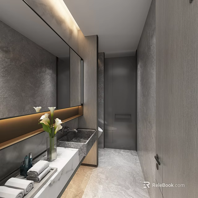 Modern Bathroom Interior With Large Mirror Sink Flowers Textured Walls 3d model 