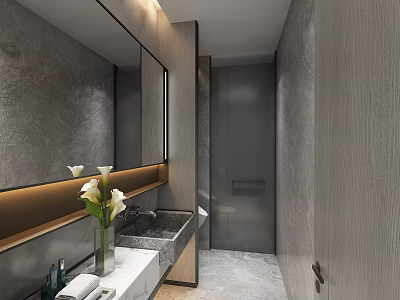 Modern Bathroom Interior With Large Mirror Sink Flowers Textured Walls 3d model