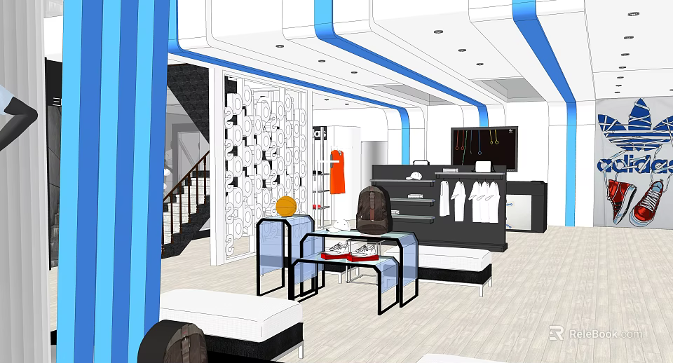 Modern Clothing Store Interior Design With Blue Lines Display Racks And Seating 3d model