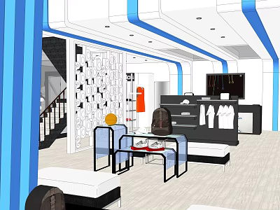 Modern Clothing Store Interior Design With Blue Lines Display Racks And Seating 3d model