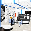 Modern Clothing Store Interior Design With Blue Lines Display Racks And Seating 3d model