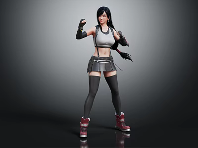 Female Fighter Character In Fighting Pose With Long Black Hair Gray Tank Top And Red Sneakers 3d model
