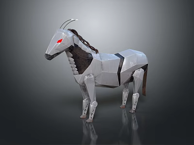 Silver Geometric Horse Sculpture With Red Eyes Black Mane And Tail 3d model
