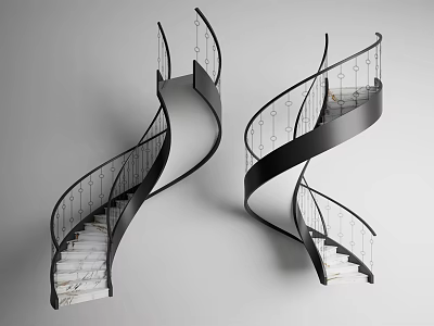 Modern Black Spiral Staircase With White Marble Steps And Metal Railings 3d model