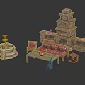 Rustic Wooden Sofa With Red Patterned Cushions And Coffee Table With Fruit And Side Stool