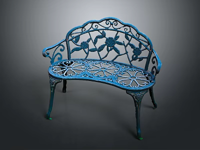 Blue Metal Garden Bench With Ornate Floral Cutout Patterns And Curved Frame 3d model