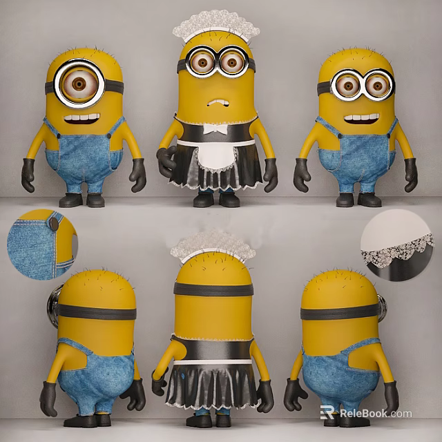 Minion Dolls With Various Styles Blue Overalls Black Apron And White Lace Details 3d model 