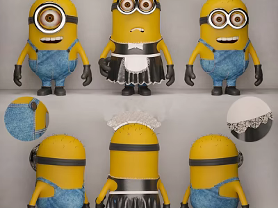 Minion Dolls With Various Styles Blue Overalls Black Apron And White Lace Details 3d model
