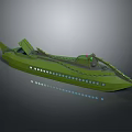 Green Boat Model With Open Deck Design And Row Of Small Windows